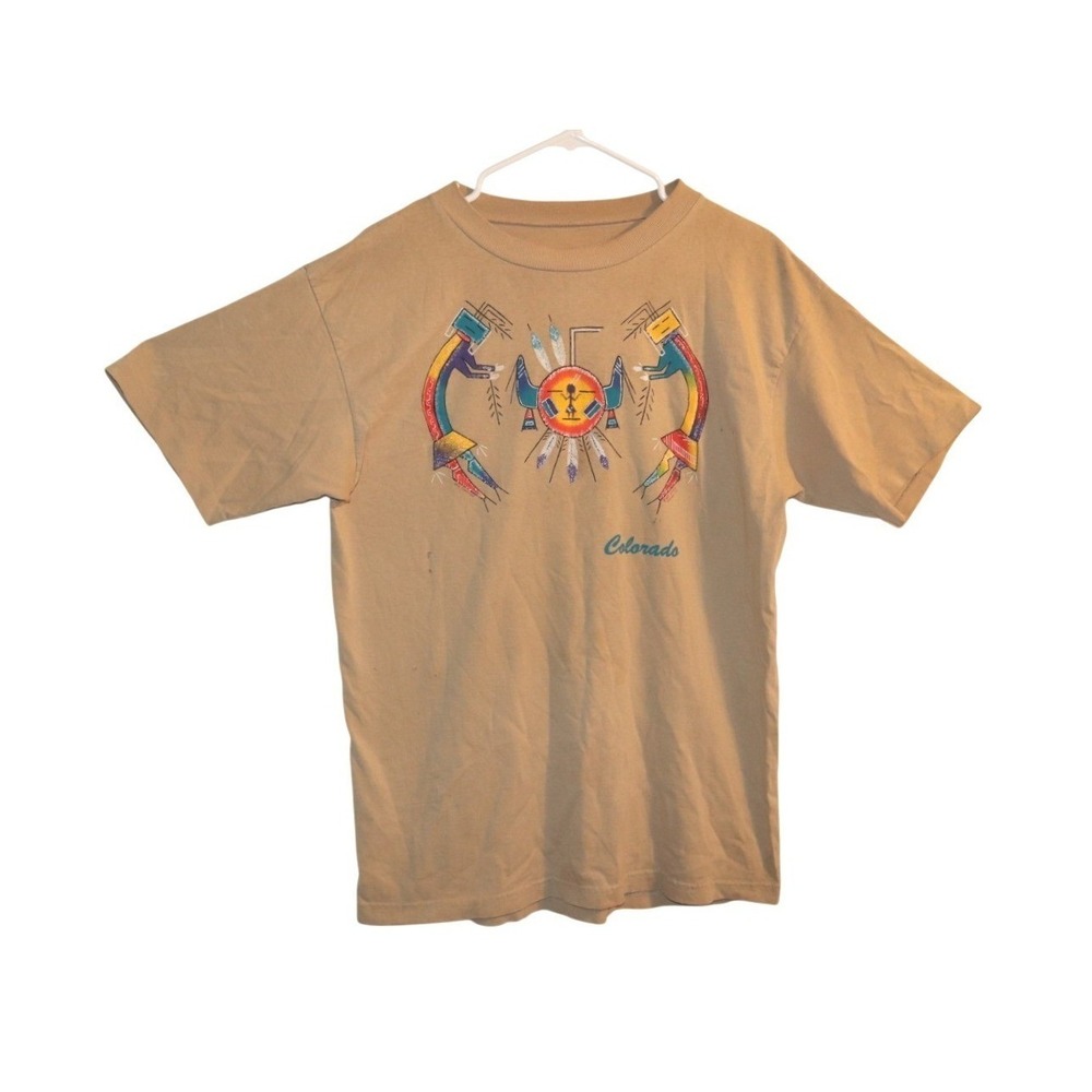 Vintage Unisex Colorado American Indian Print T-Shirt Tan